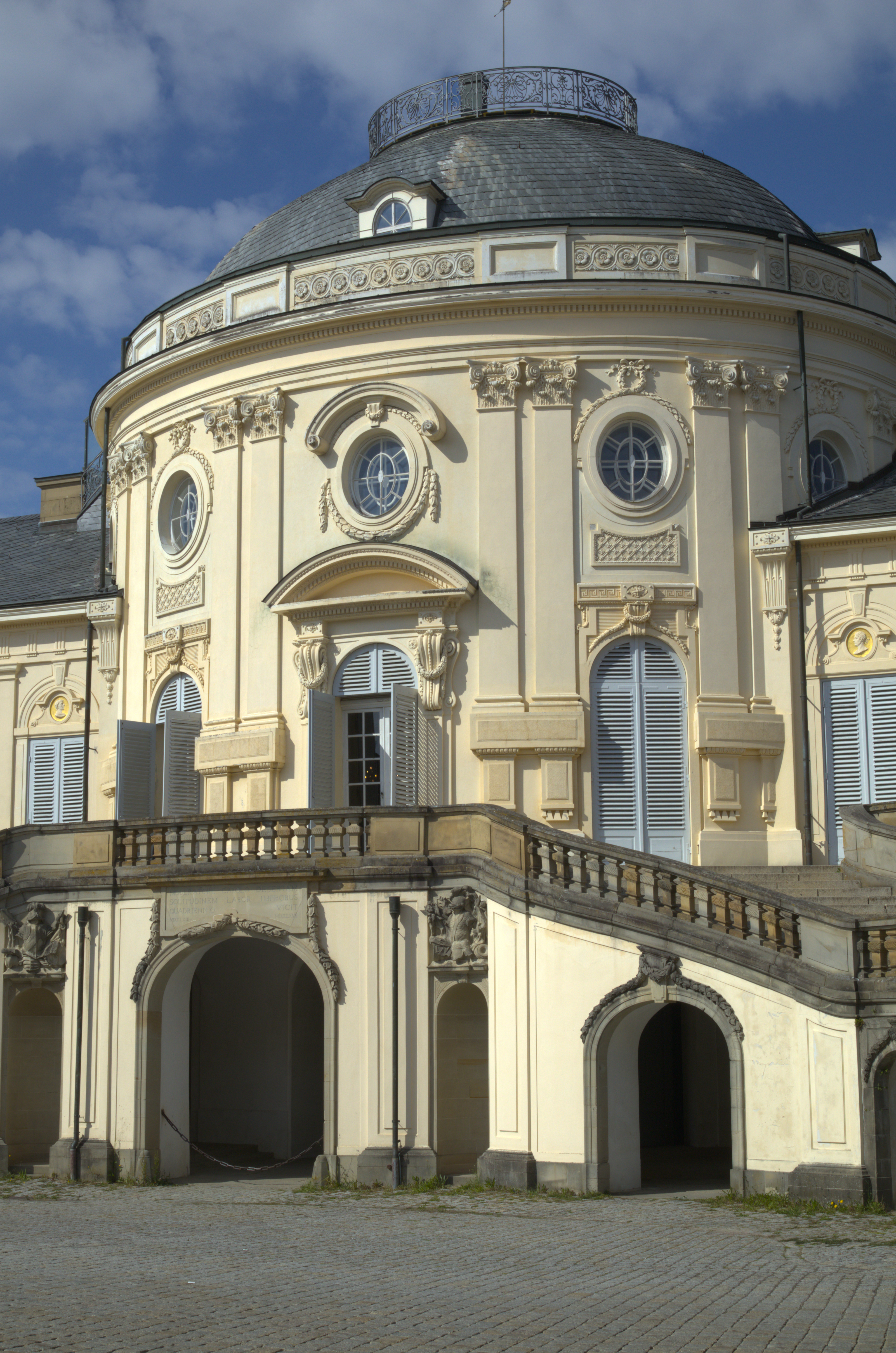 Middle section of the Solitude Palace up close in sunny weather.