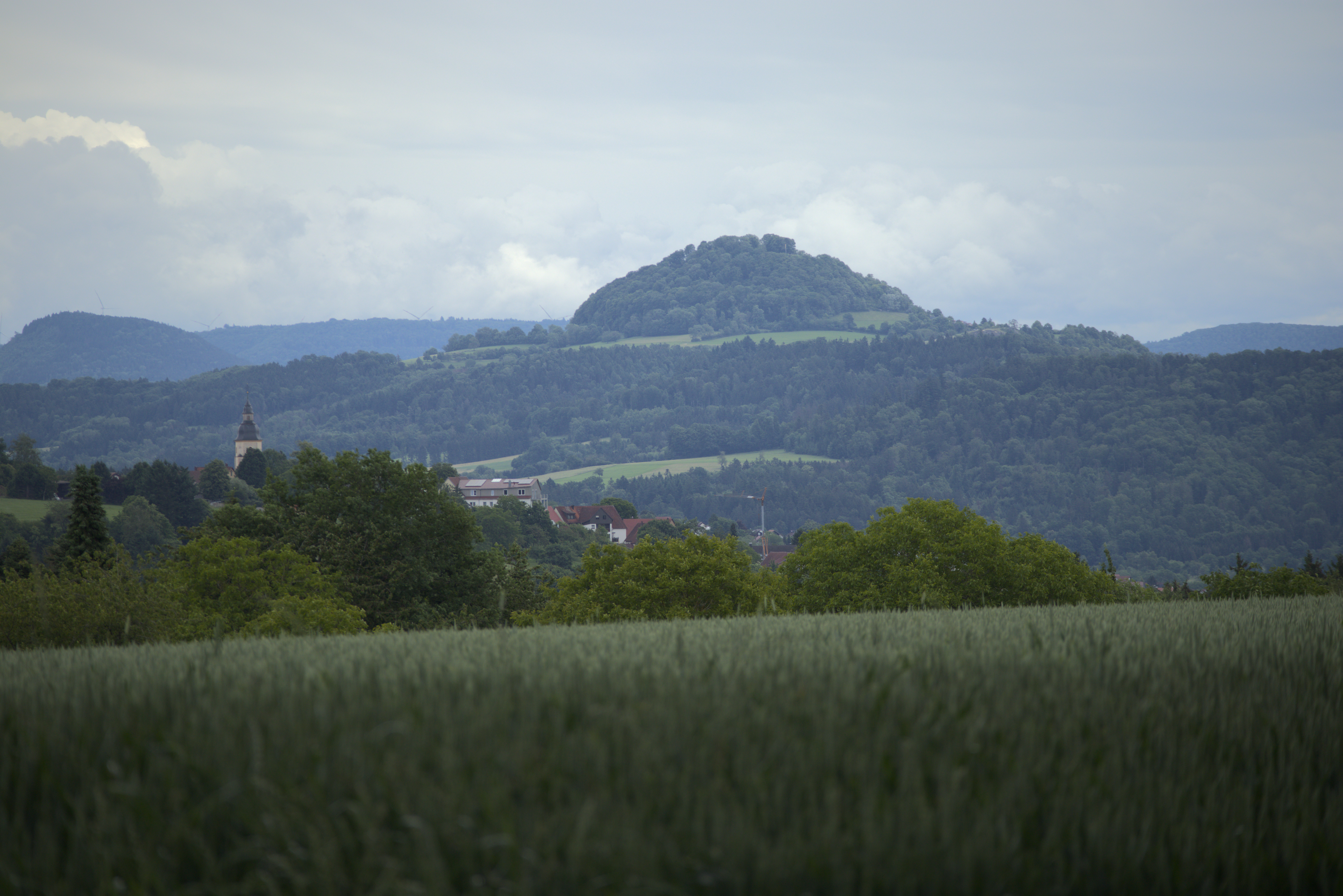 A hill in the distance, zoomed in. The foreground a is a blurry green wheat field, while some buildings and trees are in front of the hill.